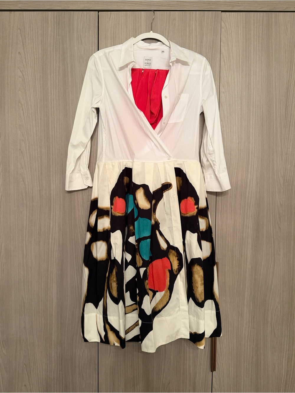White Shirt Midi Dress with Bold Abstract Print